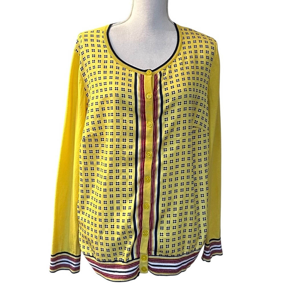 Talbots Mixed Media Button Front Cardigan Sweater Women’s‎ SZ 1X in Yellow Blue